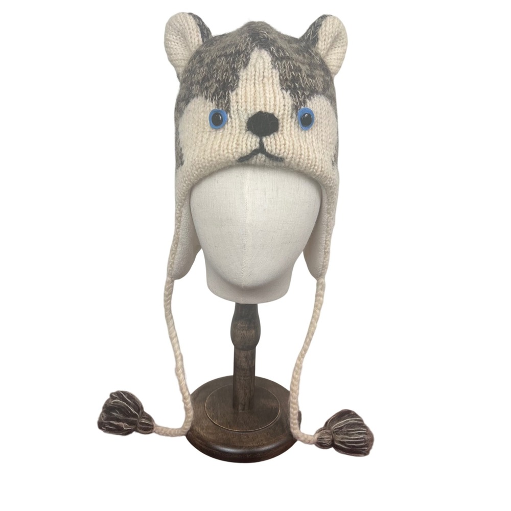Norway Husky Dog Knit Trapper Hat Fleece Lined Earflap Beanie with Tassels Wool